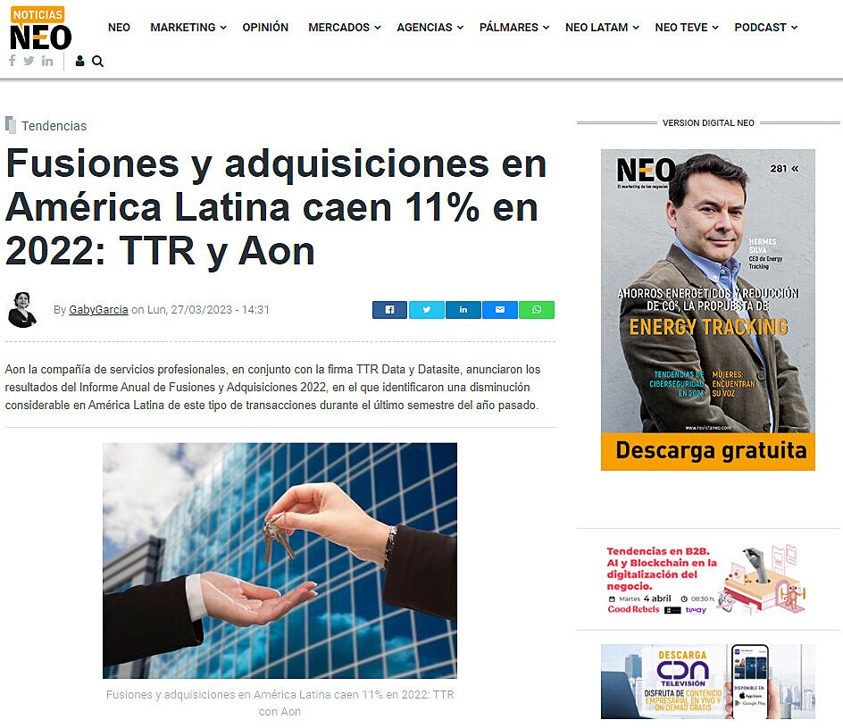 Fusiones y adquisiciones en Amrica Latina caen 11% en 2022: TTR y Aon